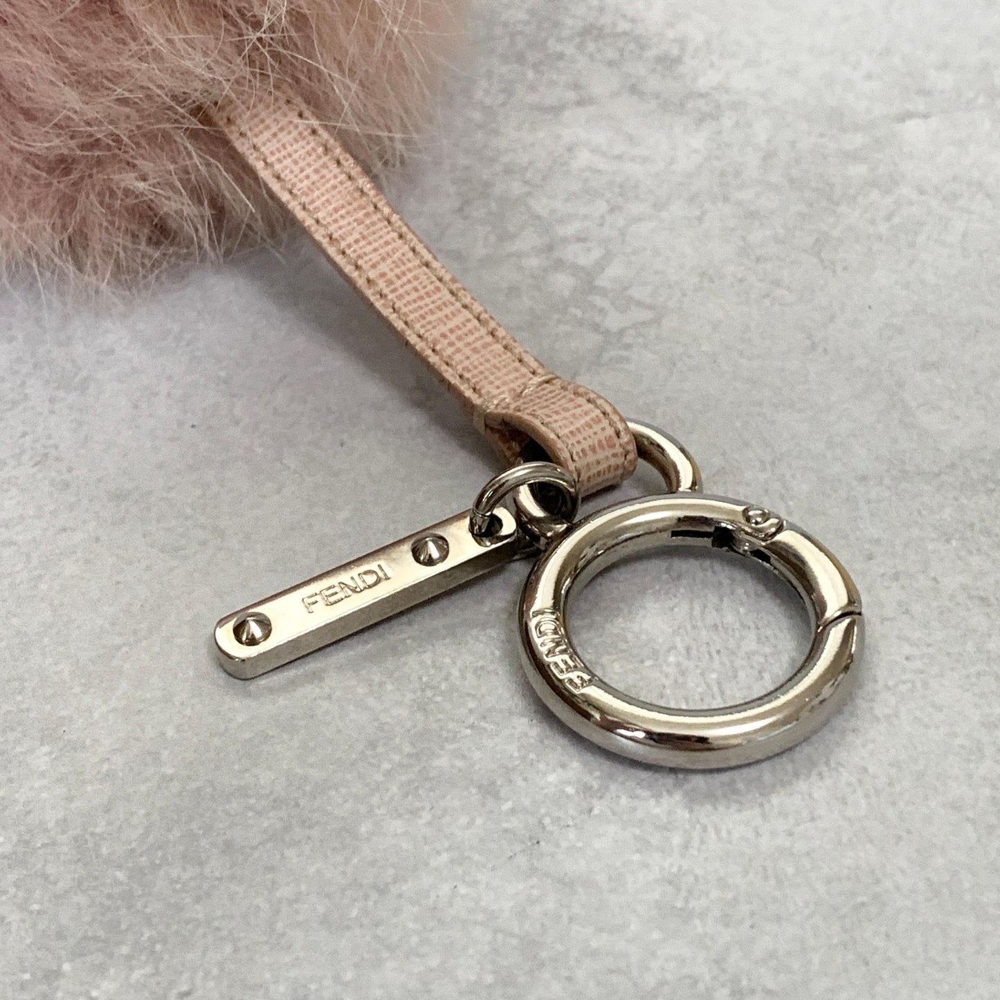 FENDI Bag Charm Logo Key Holder Strap Leather Fur Pink Silver Used Authentic