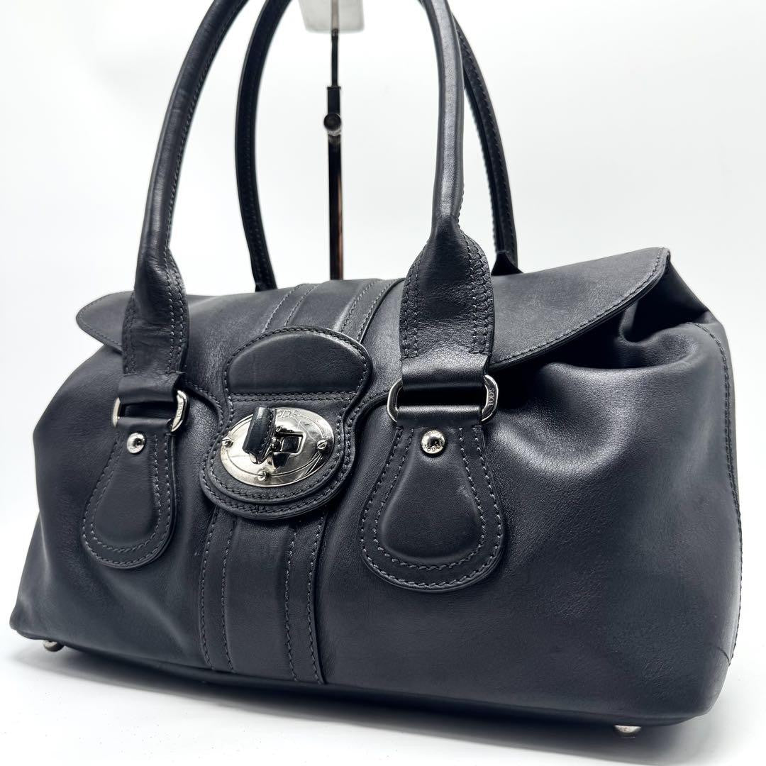 TOD'S Hand Bag Tote Purse Turn Lock Leather Black Authentic