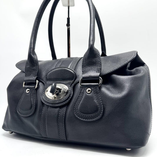 TOD'S Hand Bag Tote Purse Turn Lock Leather Black Authentic