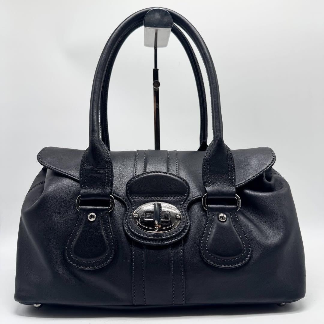 TOD'S Hand Bag Tote Purse Turn Lock Leather Black Authentic