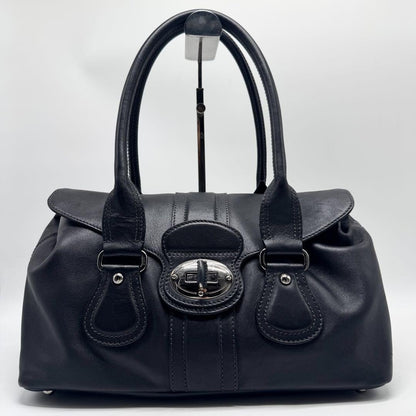 TOD'S Hand Bag Tote Purse Turn Lock Leather Black Authentic