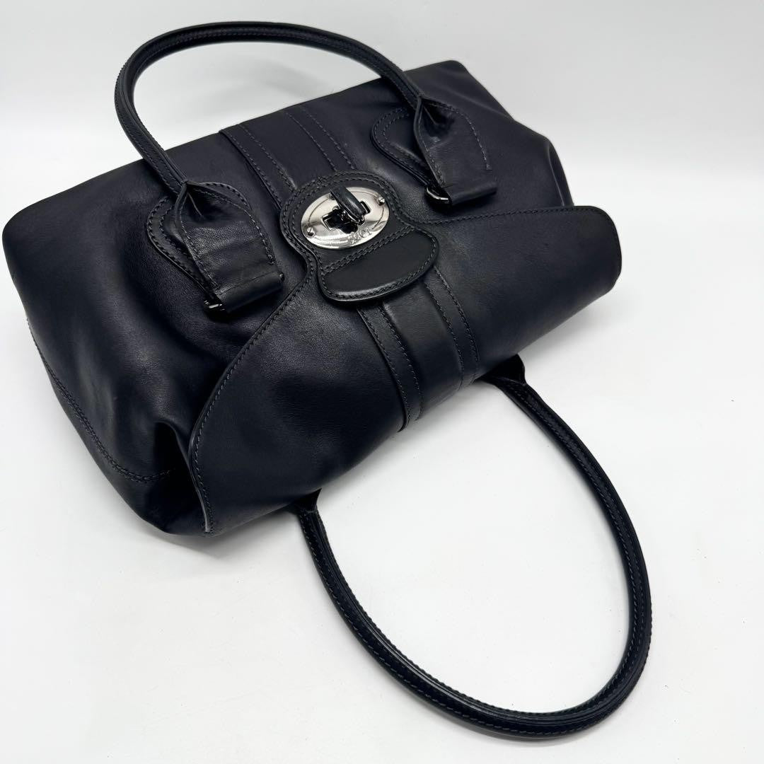 TOD'S Hand Bag Tote Purse Turn Lock Leather Black Authentic