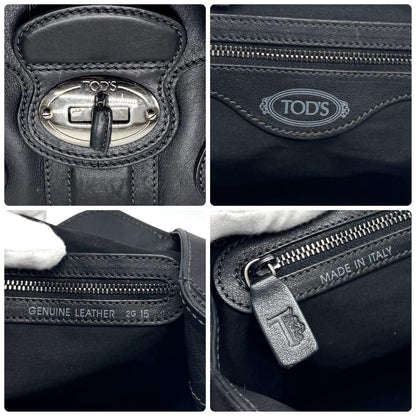 TOD'S Hand Bag Tote Purse Turn Lock Leather Black Authentic