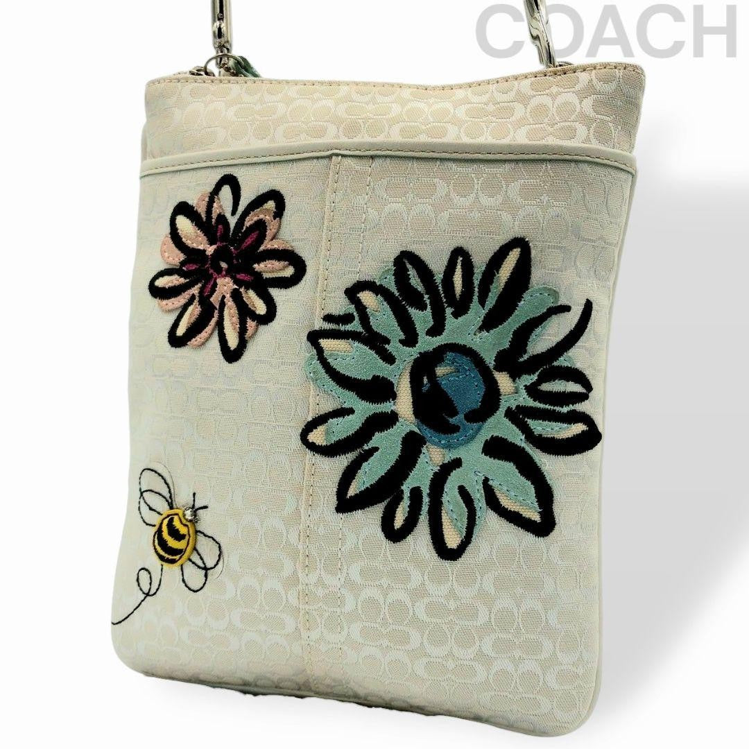 COACH Shoulder Bag Purse Canvas Greige White Authentic