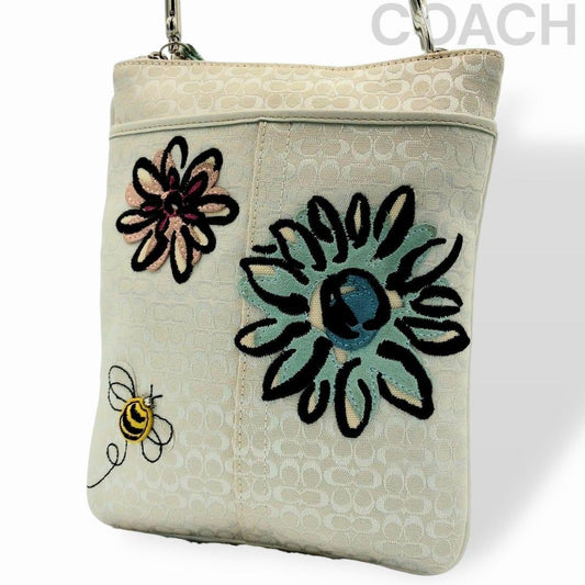 COACH Shoulder Bag Purse Canvas Greige White Authentic