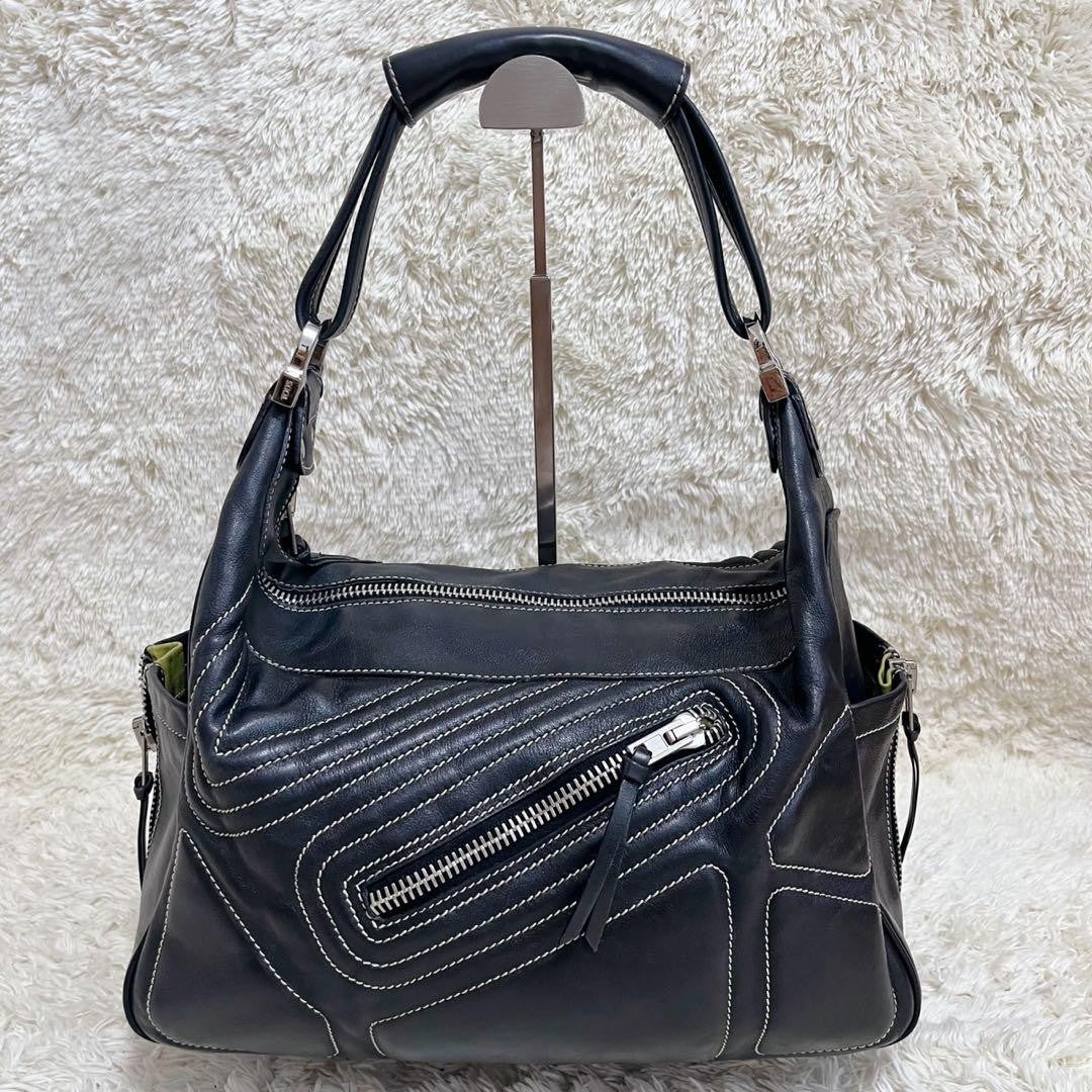 TOD'S Shoulder Bag Purse Boston Bag Leather Black Authentic