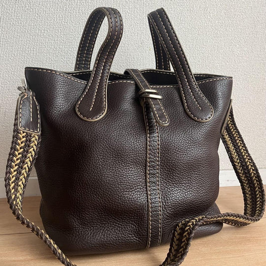 TOD'S Hand Shoulder Bag Tote Purse 2way Leather Brown Authentic