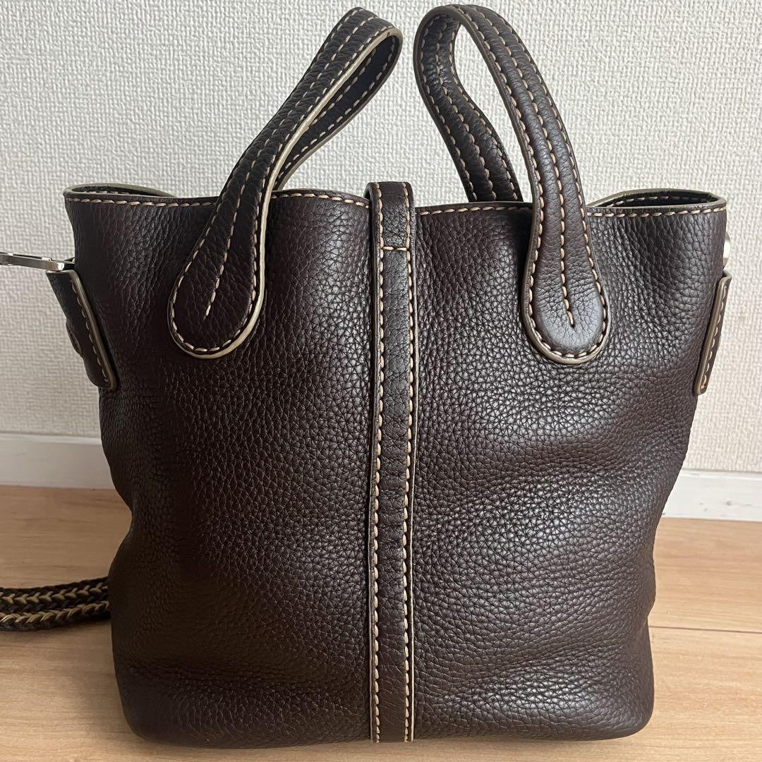 TOD'S Hand Shoulder Bag Tote Purse 2way Leather Brown Authentic