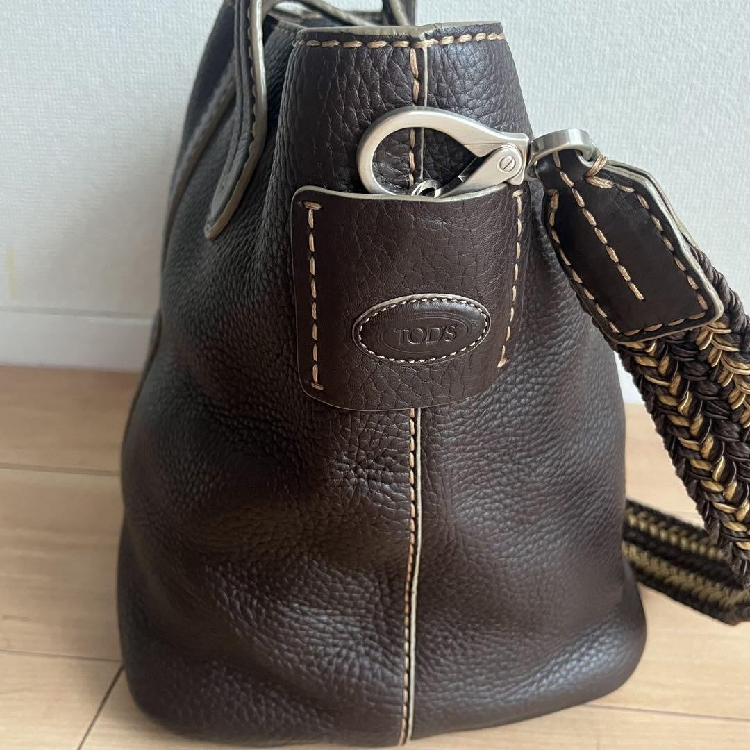 TOD'S Hand Shoulder Bag Tote Purse 2way Leather Brown Authentic