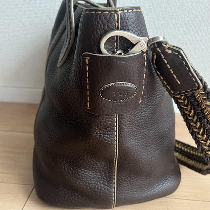 TOD'S Hand Shoulder Bag Tote Purse 2way Leather Brown Authentic