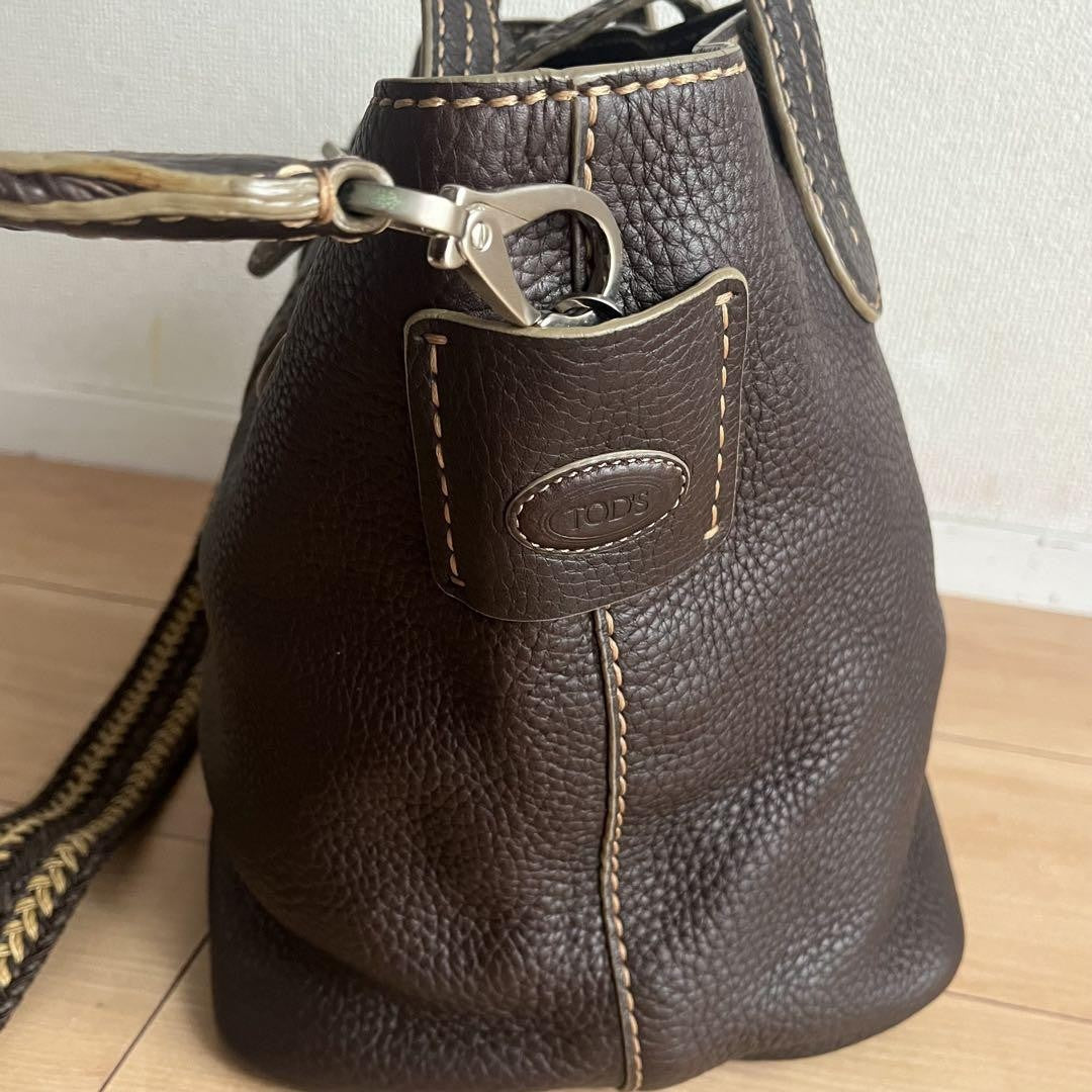TOD'S Hand Shoulder Bag Tote Purse 2way Leather Brown Authentic