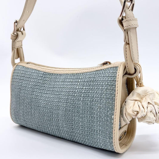 CELINE Accessory Pouch Hand Bag Tote Purse Leather Straw Blue Authentic