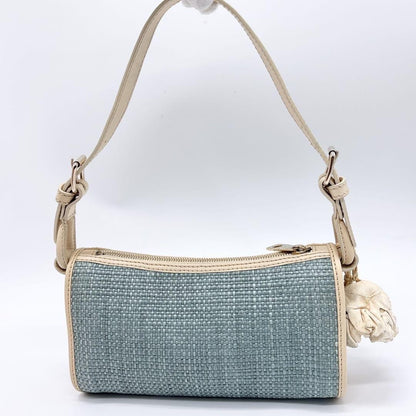 CELINE Accessory Pouch Hand Bag Tote Purse Leather Straw Blue Authentic
