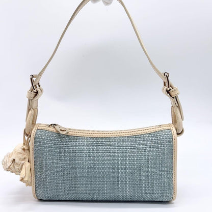 CELINE Accessory Pouch Hand Bag Tote Purse Leather Straw Blue Authentic