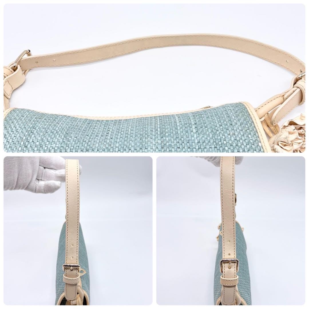 CELINE Accessory Pouch Hand Bag Tote Purse Leather Straw Blue Authentic