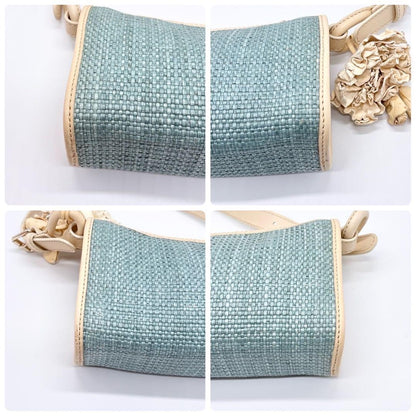 CELINE Accessory Pouch Hand Bag Tote Purse Leather Straw Blue Authentic