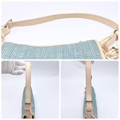 CELINE Accessory Pouch Hand Bag Tote Purse Leather Straw Blue Authentic