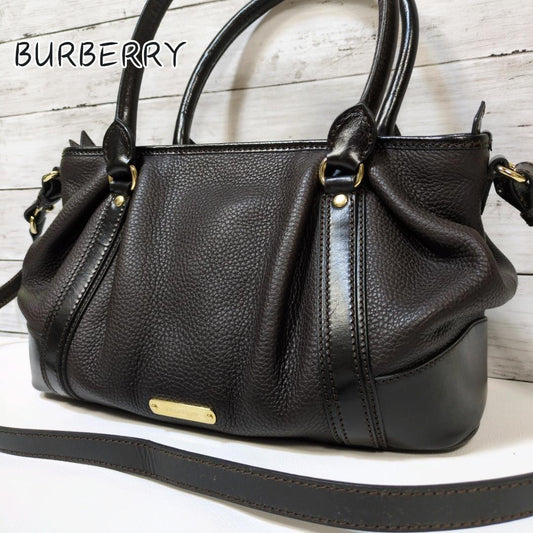 BURBERRY Hand Shoulder Bag Tote Purse 2way Nova Check Leather Dark Brown Auth