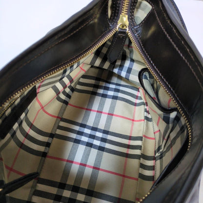BURBERRY Hand Shoulder Bag Tote Purse 2way Nova Check Leather Dark Brown Auth
