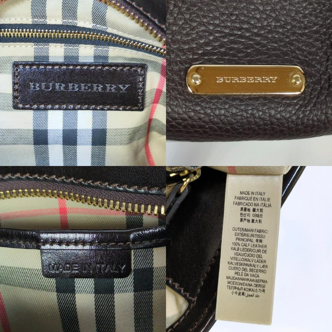 BURBERRY Hand Shoulder Bag Tote Purse 2way Nova Check Leather Dark Brown Auth