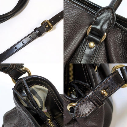BURBERRY Hand Shoulder Bag Tote Purse 2way Nova Check Leather Dark Brown Auth