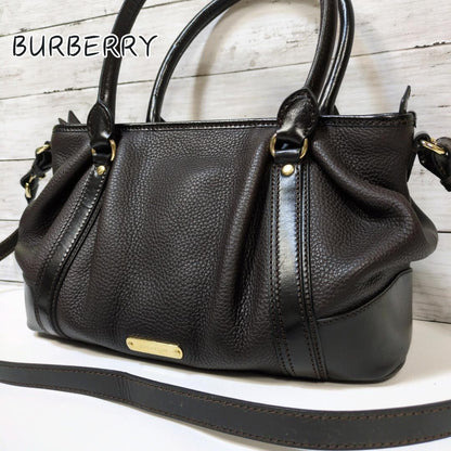 BURBERRY Hand Shoulder Bag Tote Purse 2way Nova Check Leather Dark Brown Auth