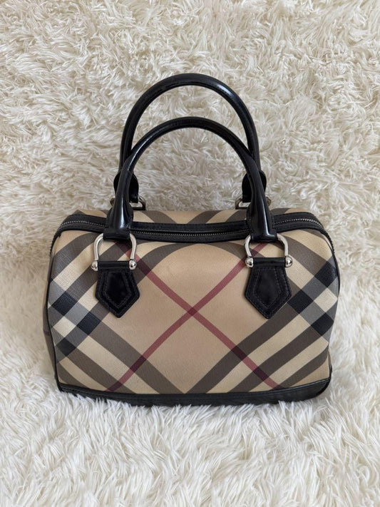 BURBERRY Hand Bag Tote Purse Mini Boston Nova Check Beige Black Authentic
