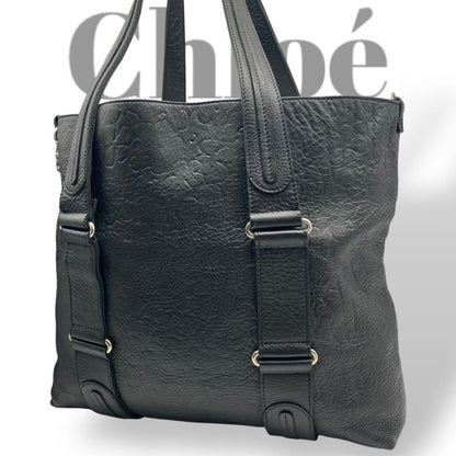 Chloe Hand Bag Tote Bag Logo Leather Black Silver Used Unisex Authentic