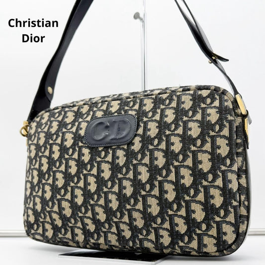 Christian Dior Shoulder Bag Purse 2way Trotter Canvas Leather Navy Beige Auth