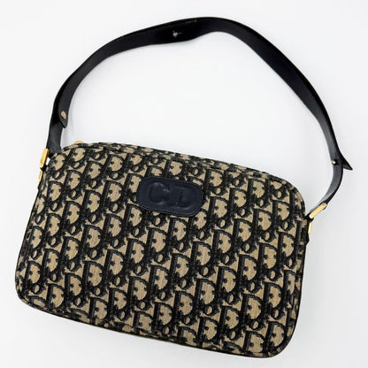 Christian Dior Shoulder Bag Purse 2way Trotter Canvas Leather Navy Beige Auth