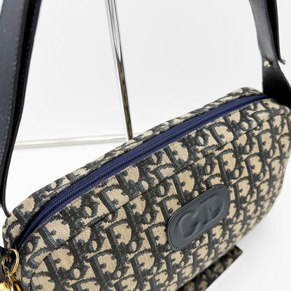 Christian Dior Shoulder Bag Purse 2way Trotter Canvas Leather Navy Beige Auth