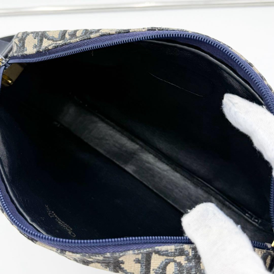Christian Dior Shoulder Bag Purse 2way Trotter Canvas Leather Navy Beige Auth