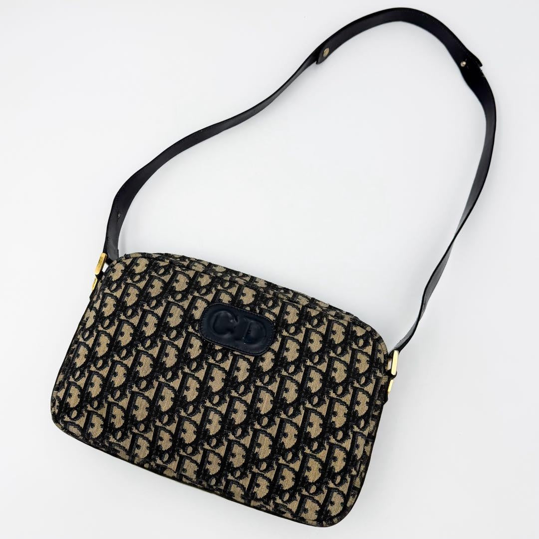 Christian Dior Shoulder Bag Purse 2way Trotter Canvas Leather Navy Beige Auth
