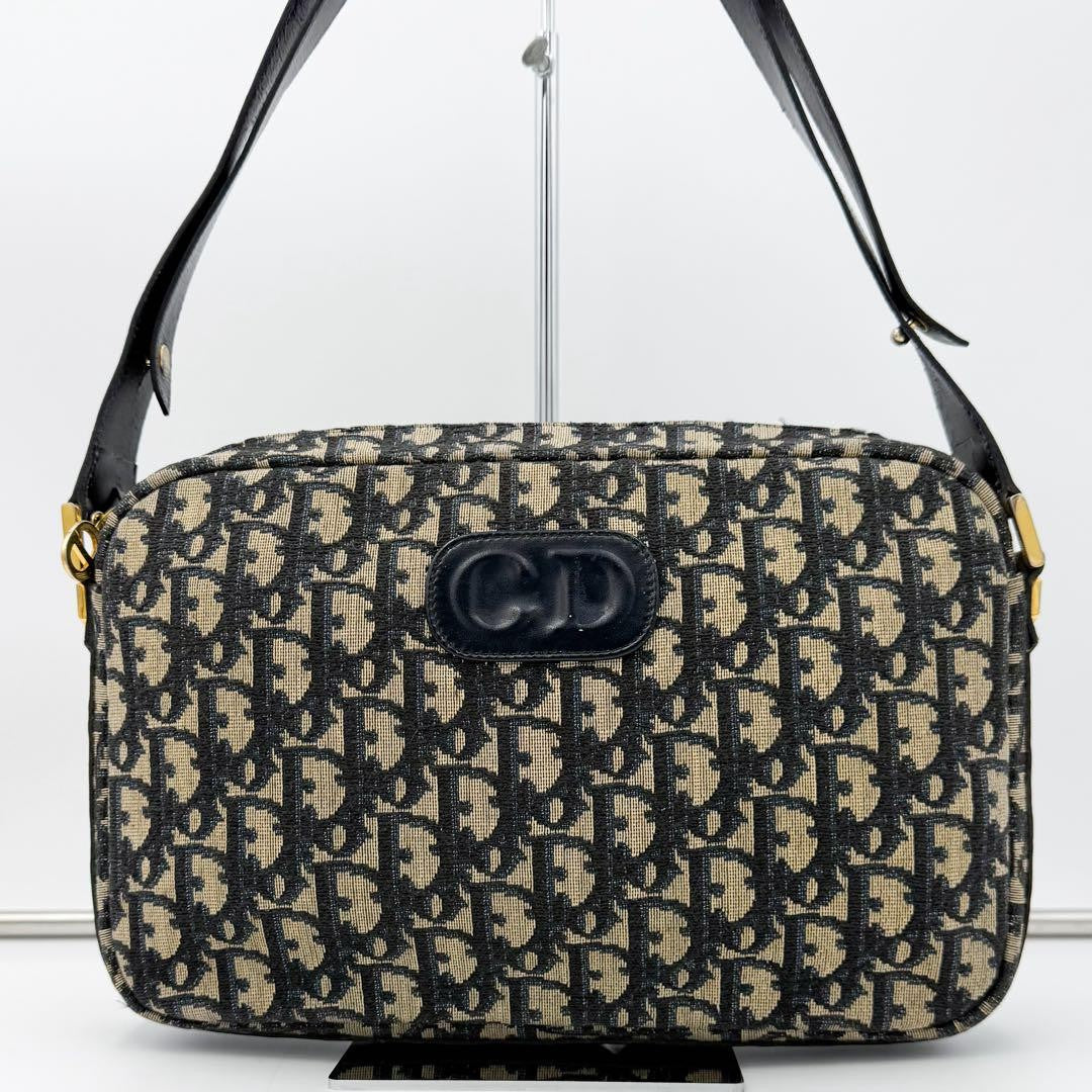 Christian Dior Shoulder Bag Purse 2way Trotter Canvas Leather Navy Beige Auth
