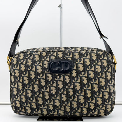 Christian Dior Shoulder Bag Purse 2way Trotter Canvas Leather Navy Beige Auth