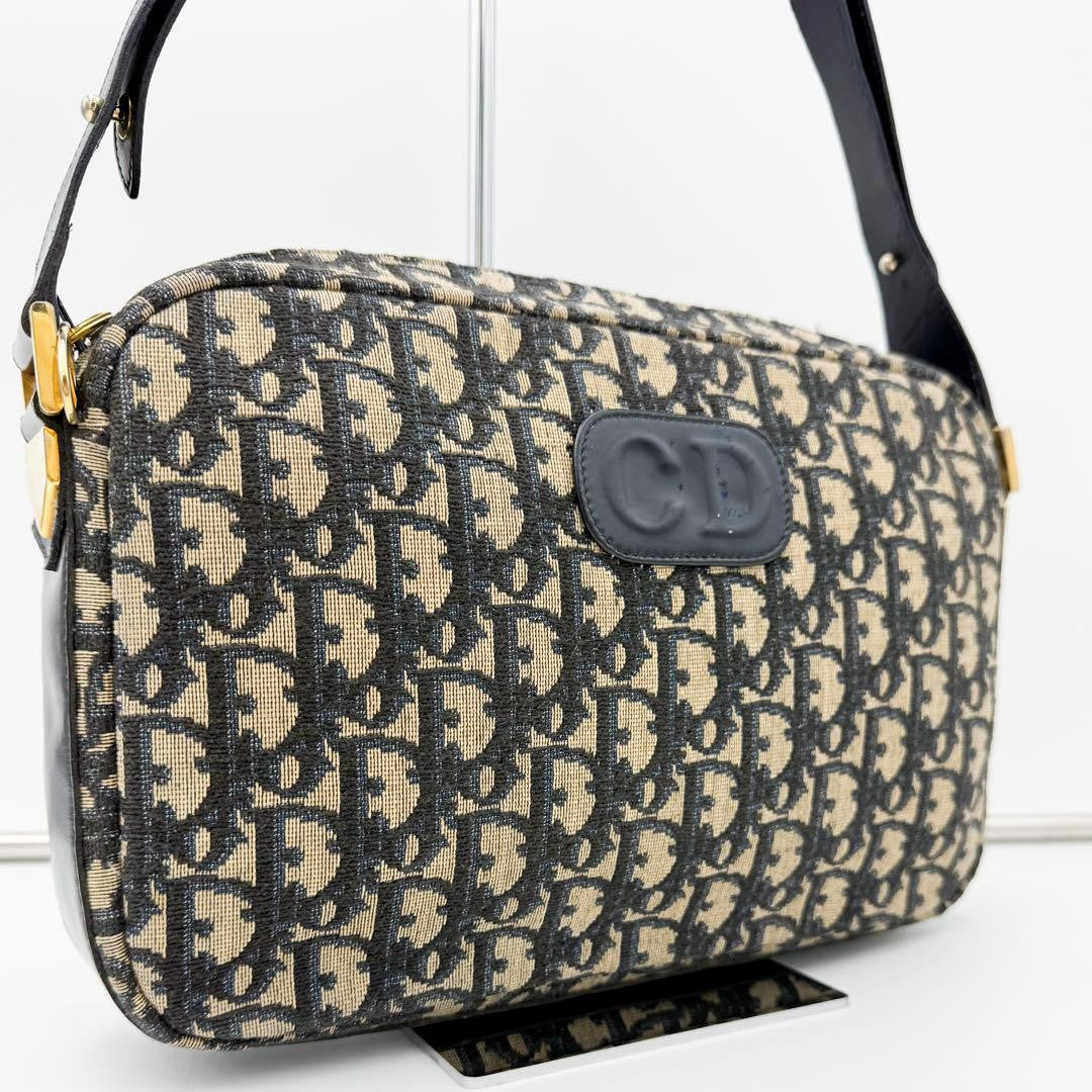 Christian Dior Shoulder Bag Purse 2way Trotter Canvas Leather Navy Beige Auth