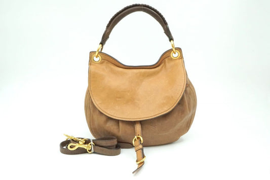 MIU MIU Hand Shoulder Bag Tote Purse 2way Logo Leather Brown Authentic