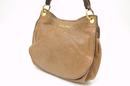 MIU MIU Hand Shoulder Bag Tote Purse 2way Logo Leather Brown Authentic