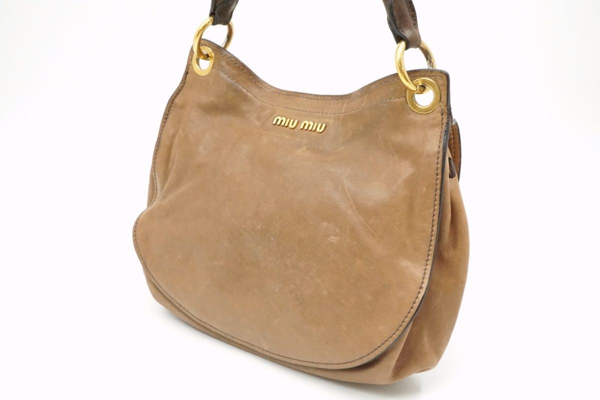 MIU MIU Hand Shoulder Bag Tote Purse 2way Logo Leather Brown Authentic