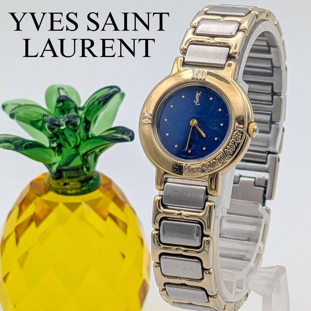 Saint Laurent Quartz Watch Wristwatch YSL Cassandra Gold Silver Navy Auth