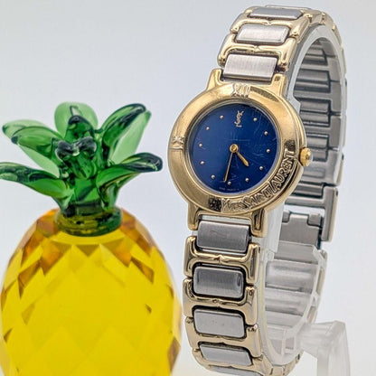 Saint Laurent Quartz Watch Wristwatch YSL Cassandra Gold Silver Navy Auth