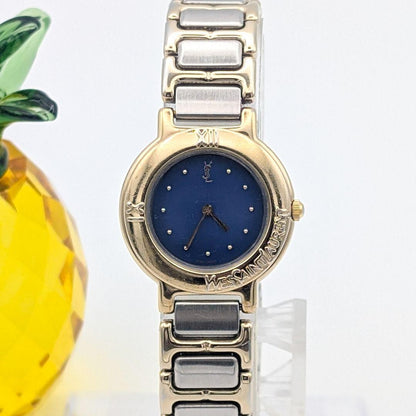 Saint Laurent Quartz Watch Wristwatch YSL Cassandra Gold Silver Navy Auth