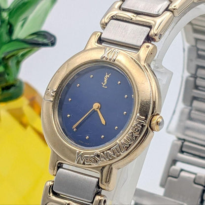 Saint Laurent Quartz Watch Wristwatch YSL Cassandra Gold Silver Navy Auth