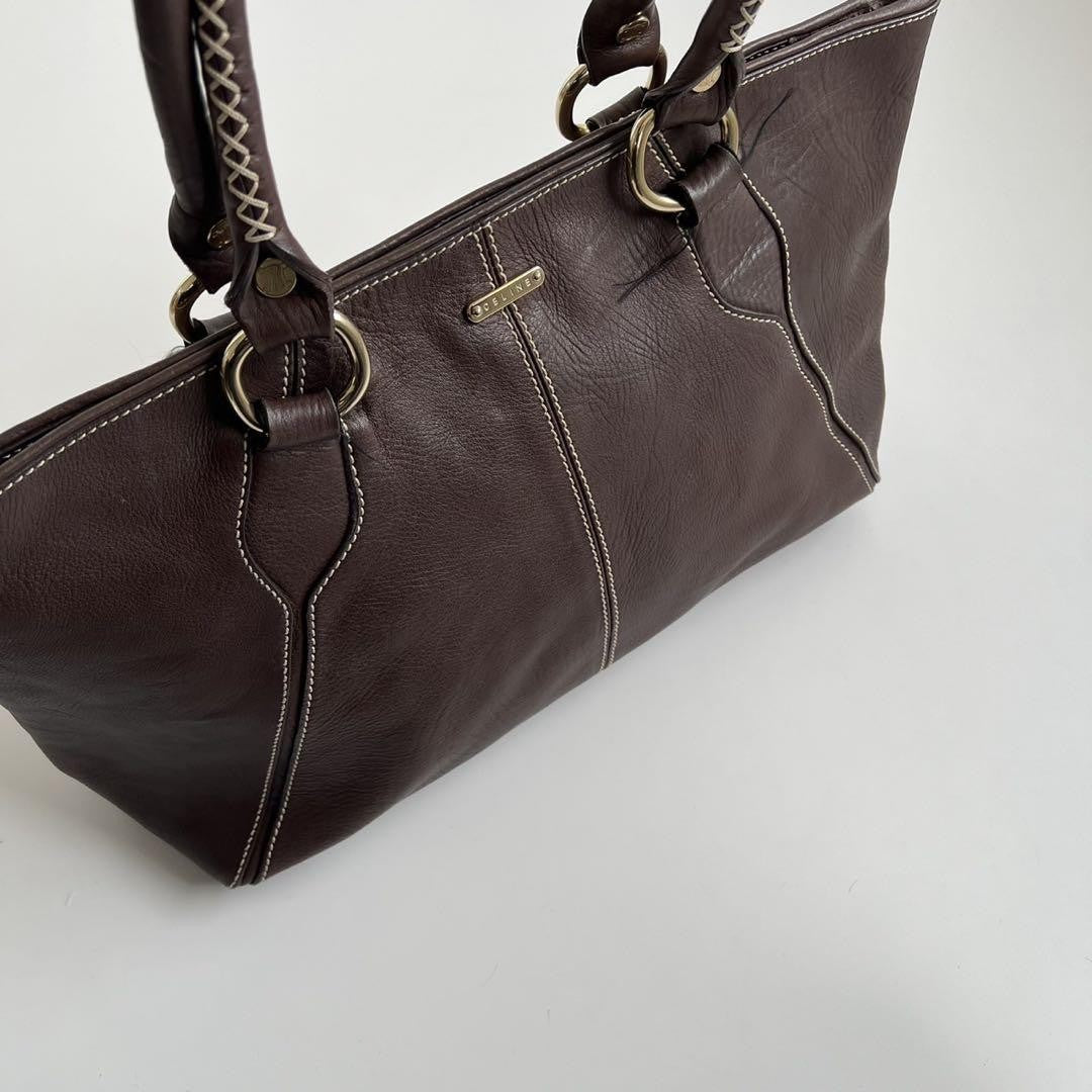 CELINE Hand Bag Tote Purse BRAIDED PATTERN Leather Brown Authentic