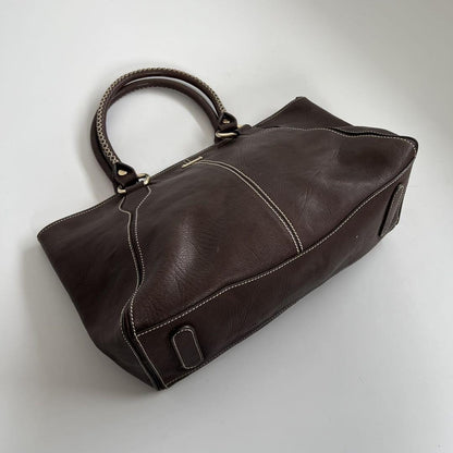 CELINE Hand Bag Tote Purse BRAIDED PATTERN Leather Brown Authentic