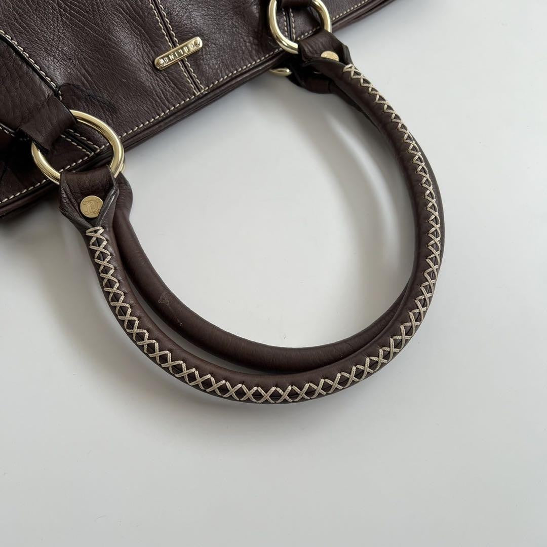 CELINE Hand Bag Tote Purse BRAIDED PATTERN Leather Brown Authentic