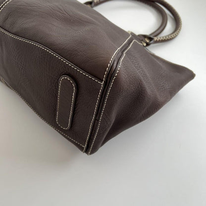 CELINE Hand Bag Tote Purse BRAIDED PATTERN Leather Brown Authentic