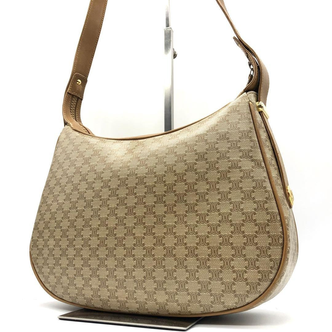 CELINE Shoulder Bag Purse Macadam PVC Leather Beige Authentic