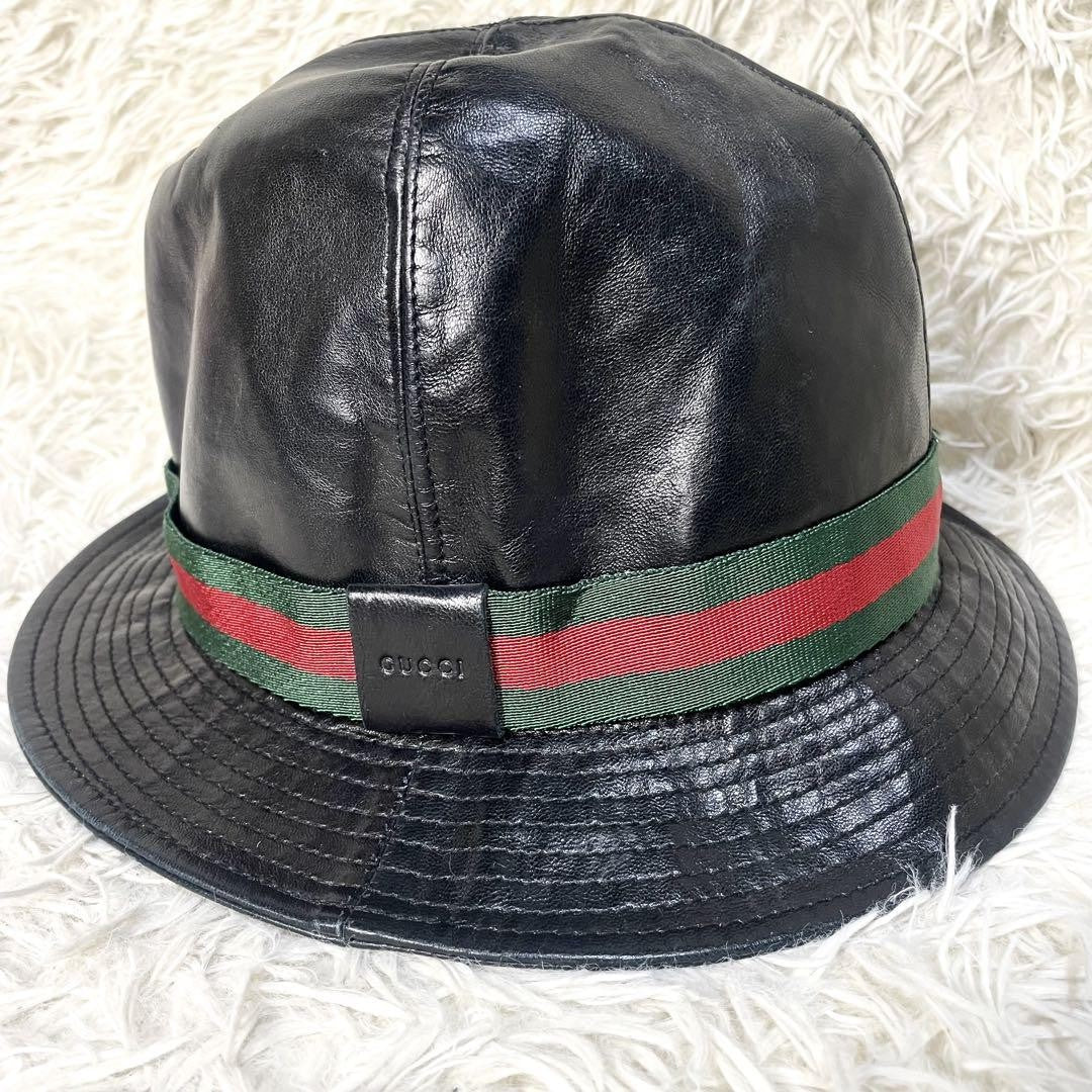 Gucci Bucket Hat Sherry Line Leather Black Men's Authentic
