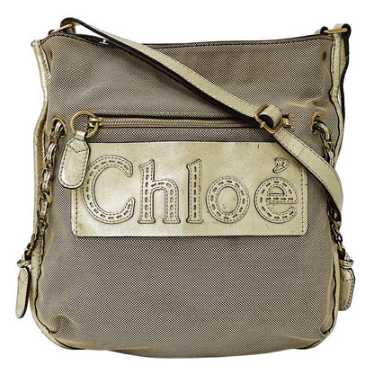 Chloe Shoulder Bag Purse Logo Canvas Gold Brown Authentic